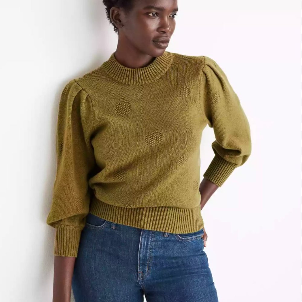 Madewell | Dotted Eaton Puff-Sleeve Pullover Sweater in Cotton-Merino Yarn - Picture 2 of 4